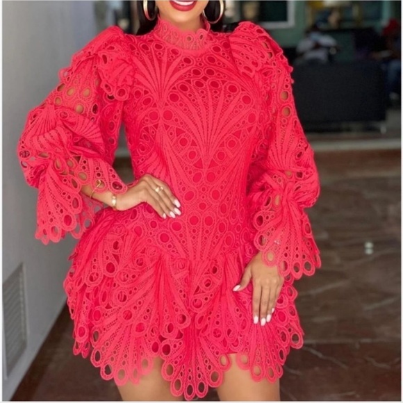 NWOT The Sang Parisian vibe red lace layered long sleeve Mini Dress Size S - Picture 1 of 10
